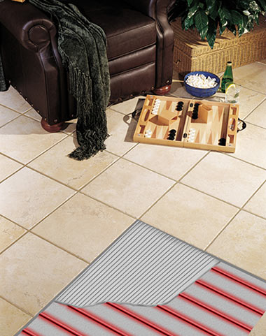 Ceramic tile floor showing cutaway of ComfortTile floor heating system. Ceramic tile floor showing illustration of cutaway of ComfortTile floor heating system.